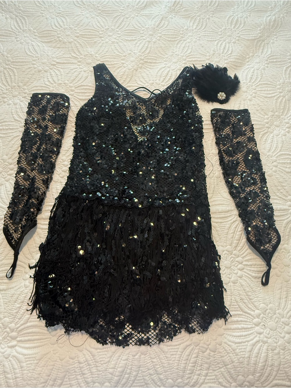 Weissman MA Black Sequin Fringe Flapper Dress with Lace Gloves and hair piece